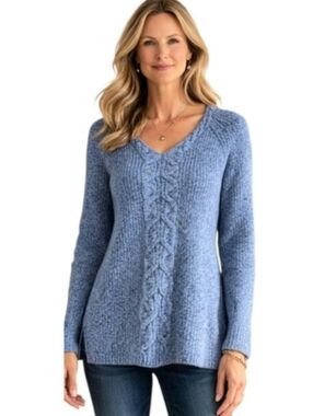 E.U.C Talbots Blue Marled Cable Knit V-Neck Sweater With Side Accent Zip - Small